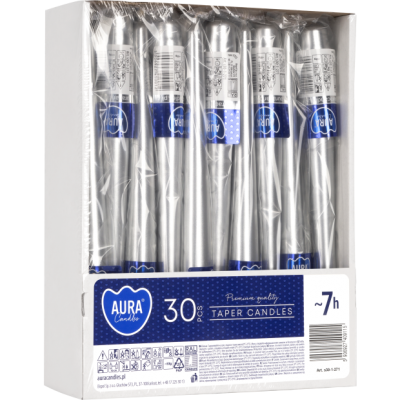 BISPOL Aura stolní svíčky s30-1-271 245/23 stříbrná metalíza ~7h 30 ks.
