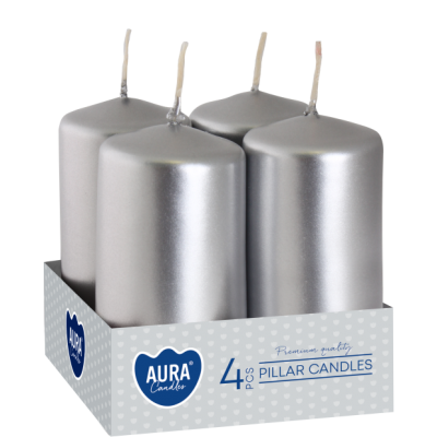 Pillar candles BISPOL Aura sw40/80-271 (metallic silver) ~9h 4 pcs.