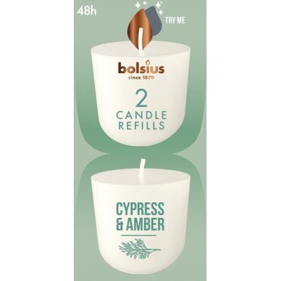 Vonné svíčky do svícnu BOLSIUS CleanLight ~24h Cypřiš a jantar, 2 ks.